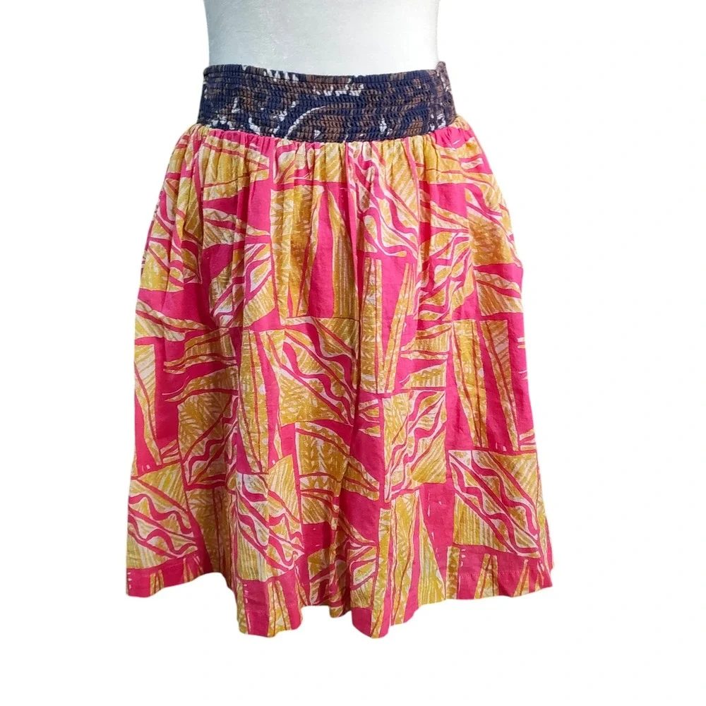 Anthropologie x Vanessa Virginia Pink Yellow Print Boho Mini Skirt Pockets‎ - 10